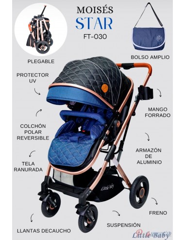 Coche Moises Little Baby Star - Azul  - 1