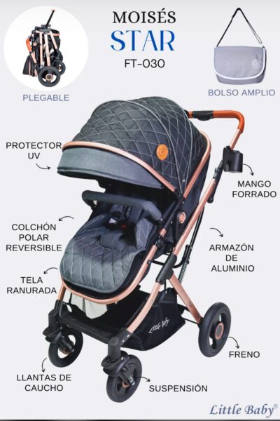 Coche Moises Little Baby Star - Plomo